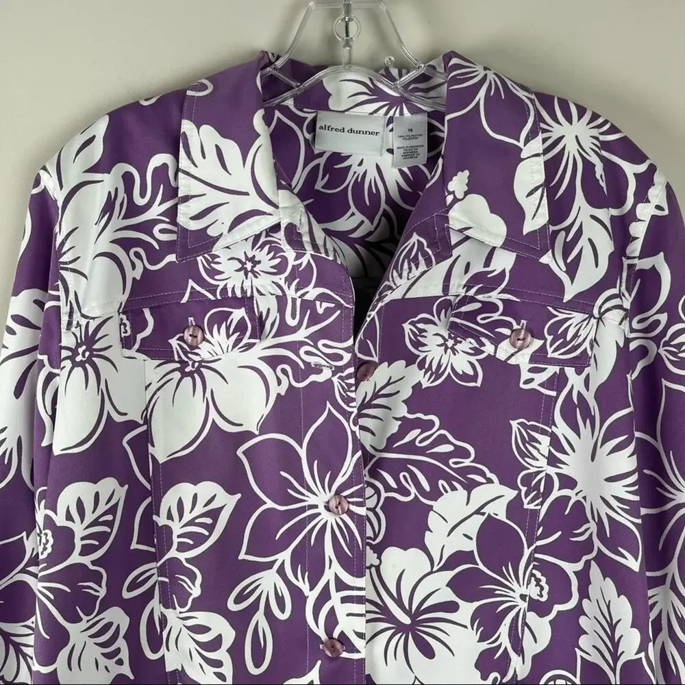 Alfred Dunner purple white tropical floral lightweight beach cruise jacket 16
